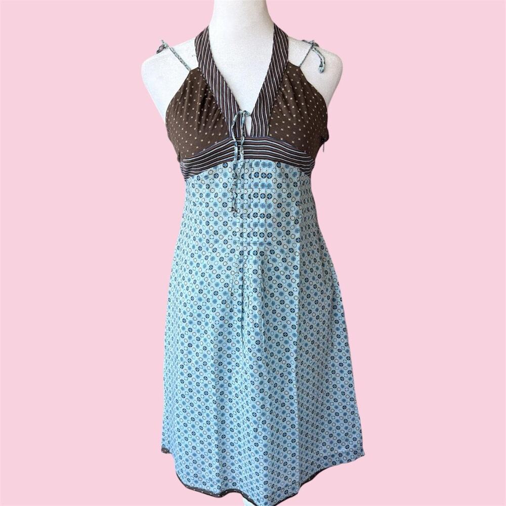 Euro Y2K One Step brown/blue polka dot cotton halter dress